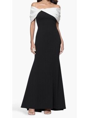 New Betsy & Adam Off the Shoulder Crepe & Taffeta Sheath Gown Size 16 $278